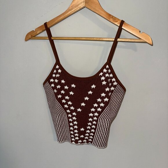 SHEIN Tops - Brown and White Stars and Stripes Spaghetti Strap Scoop Neck Crop Tank Top Small